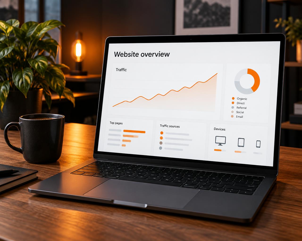 Illustrative website analytics dashboard on a laptop in an agency workspace